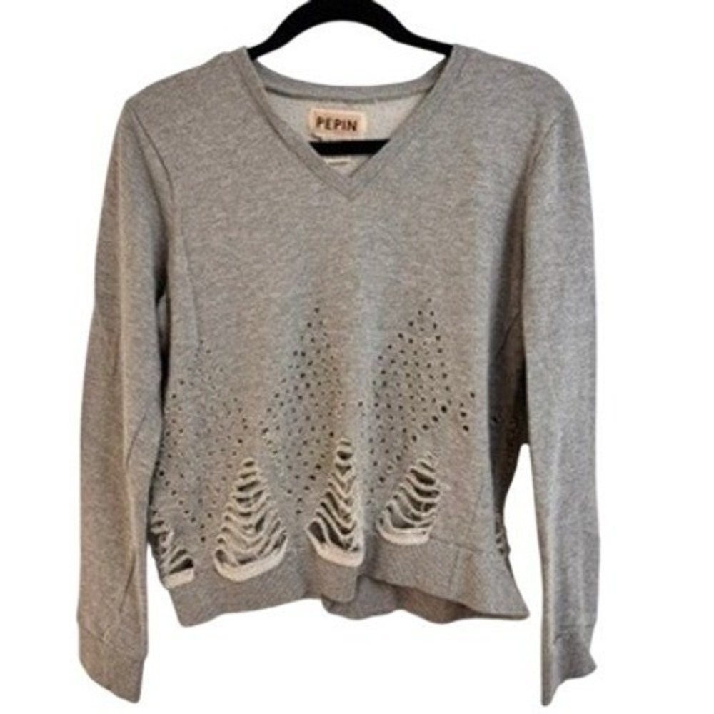 Anthropologie Pepin Distressed Sweatshirt S Gray Cutout Hem Boho Minimalist Chic